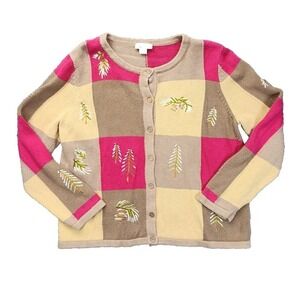 Christopher & Banks XL Cardigan Pink Tan Colorblock Embroidered Pine Tree Womens